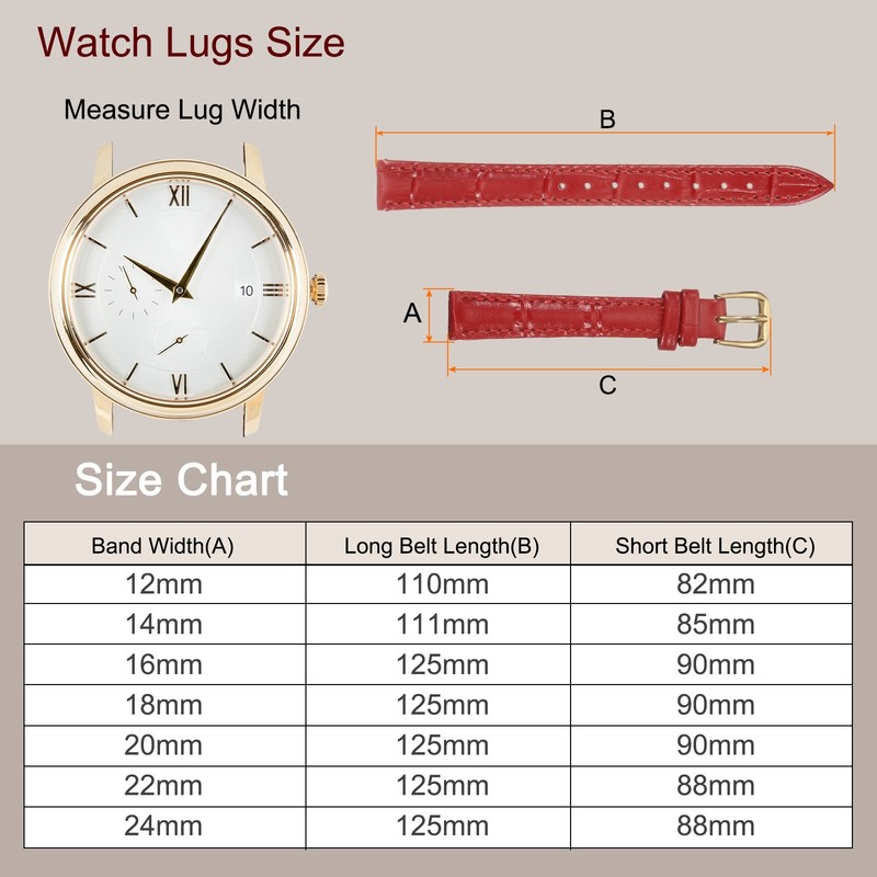 14mm Classic Leather Watch Band for Replacement Red Gold Print gallery