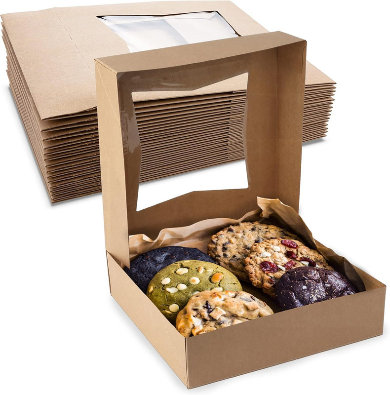 MT Products Kraft Cookie Boxes 8″ x 8″ x 2.5″ – Auto Pop-Up Bakery Boxes with Wi