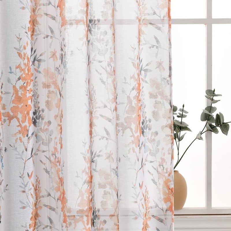 Kotile Orange White Sheer Curtains for Living Room, Classic Vintage Branch Fl...