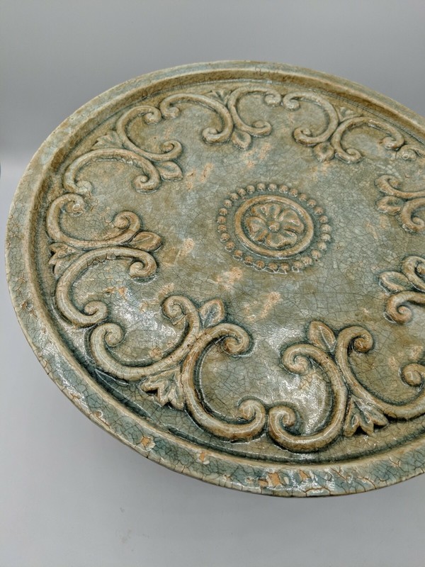 Lrge Cake Plate Stand Ceramic Privilege International 12.5" X 7" Distressed Look gallery