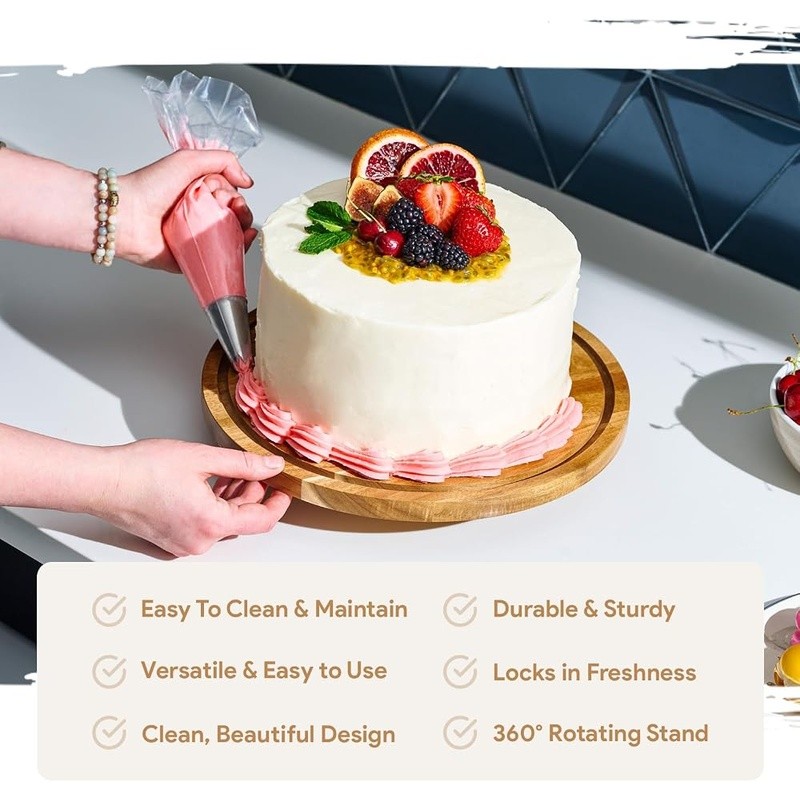 360 Rotating Cake Stand W/ Lid Acacia Wood Display Shatterproof Turntable New gallery