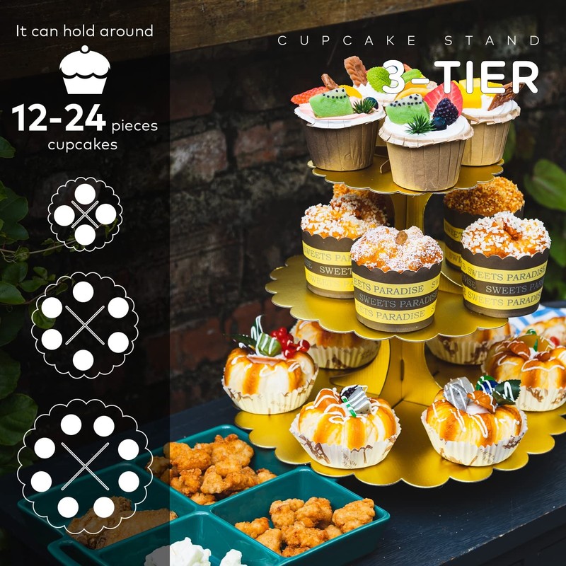 Matte Gold Cupcake Stand, 3-Tier Heart Handle Cardboard Dessert Display Tower gallery