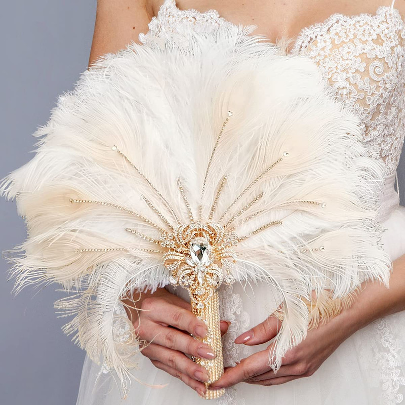 Yifuwedding Gold Bridal Brooch Bouquet Ostrich Large Alternative Feather Fan