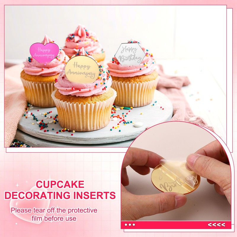 20Pcs Acrylic Mirror Happy Anniversary Cupcake Toppers Round  Shapes, 059-Silver gallery