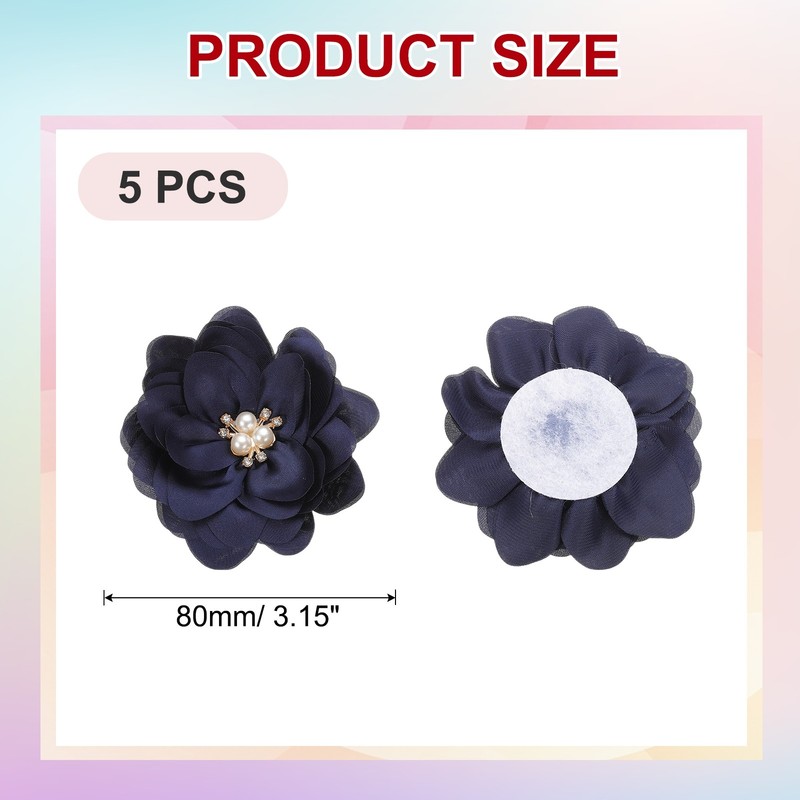 3.15 Inch Rhinestone Chiffon Flower, 5 Pcs Fabric Appliques, Navy gallery