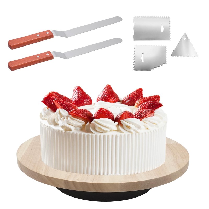 12″ Wooden Revolving Cake Stand with Icing Spatulas and Smoothers, 2″ High Ro…