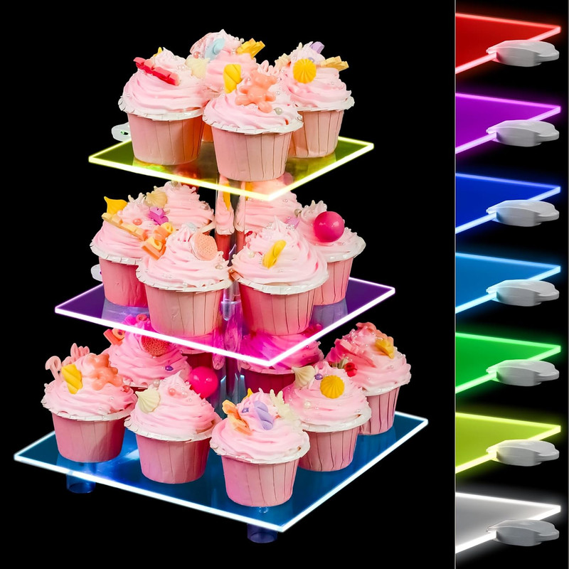 Cupcake Stand – 3 Tier Cupcake Tower with Rechargeable Light- Acrylic Cupcake Ho