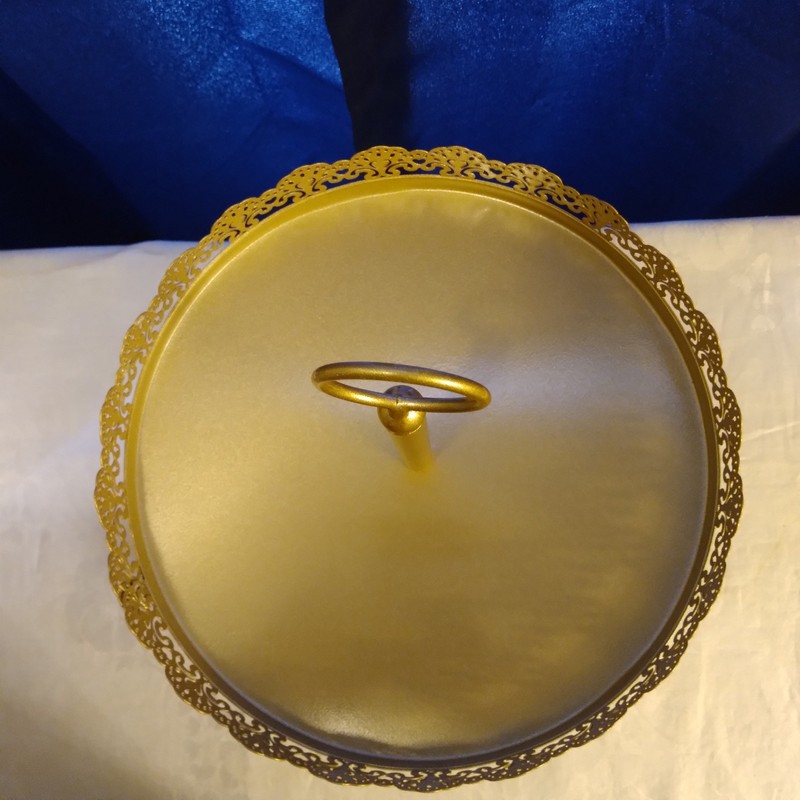 NWOT Gold 2 Tier Metal Tray/Lace Edge/Handle 15"Tx6"Base 10"Top & 12"Bottom Tier gallery
