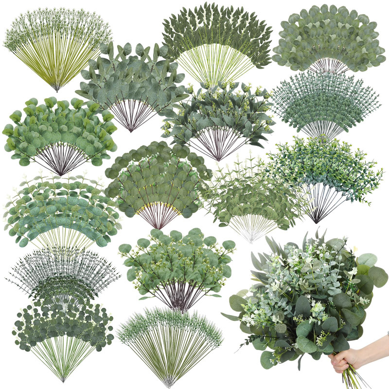 Thiccywoov 250 Pcs Artificial Eucalyptus Leaves Stem Bulk Fake Greenery Faux Uv
