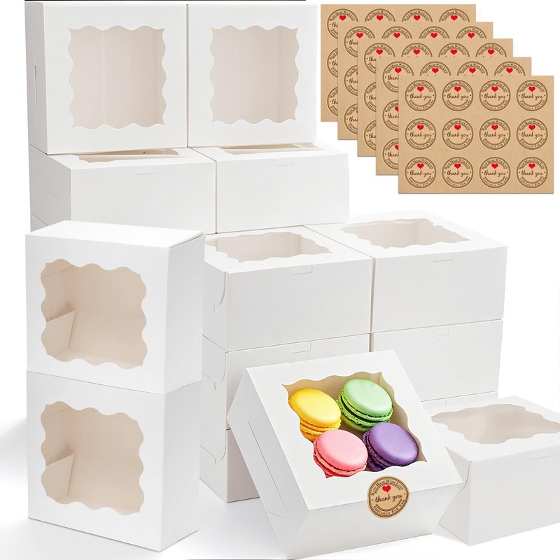 50pcs Cookie Boxes with Window 6x6x3 Inches White Bakery 60 Stickers for Small