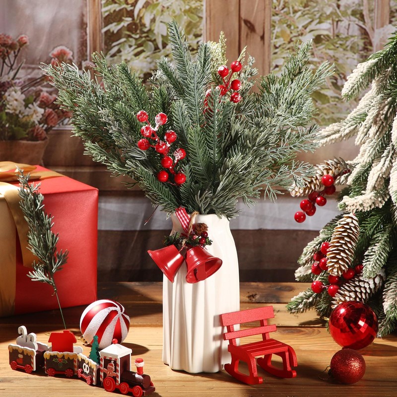 Lyrow 80 Pcs Christmas Artificial Pine 4 Styles Snowy Artificial Pine Branches gallery