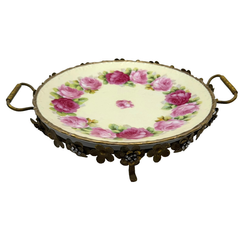 Vintage MCM Gold Floral Rhinestone Metal Cake Plate Holder gallery