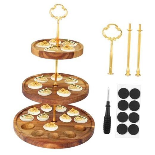 3 Tier Easter Wooden Deviled Egg Platter 26 Holes Deviled Egg Stand Plate Gold
