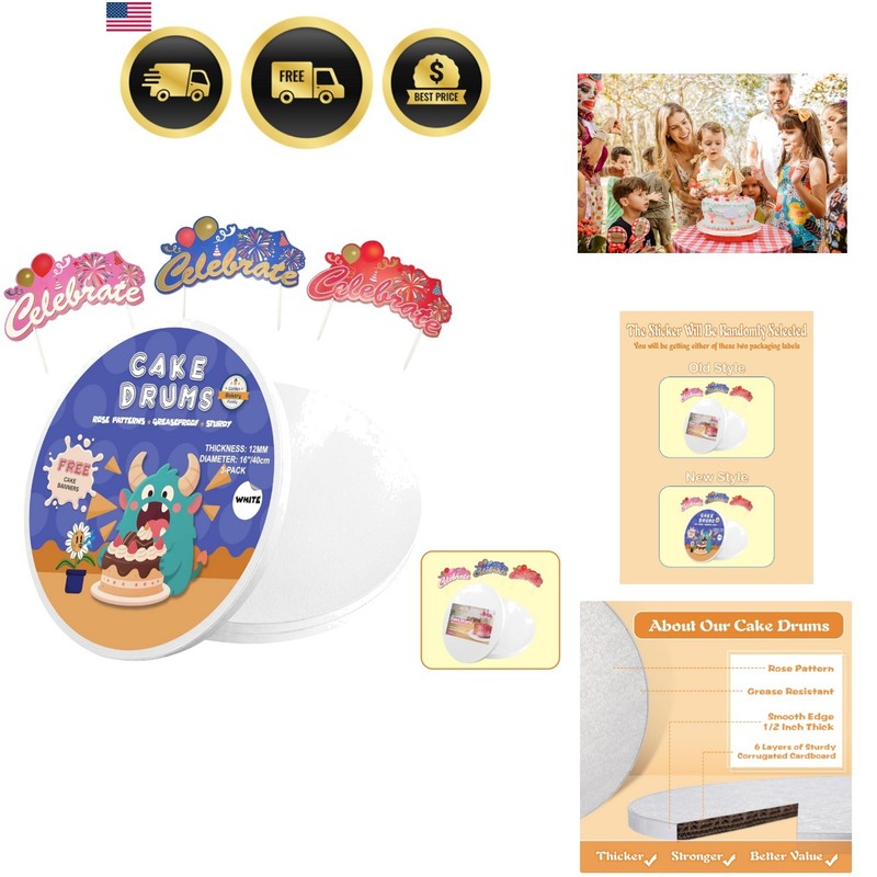 16 Inch Cake Drums with Banner Cake Topper-White3-Pack Cake Board Round 1/2 I…
