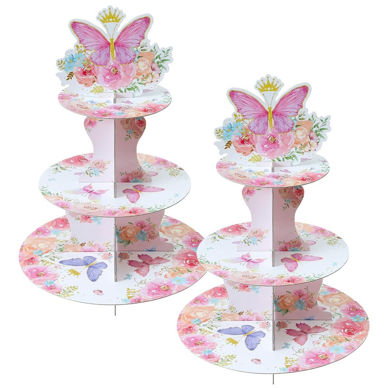 3-Tier Butterfly Round Cupcake Stand, Floral Theme Cardboard Cupcake Tower, D…
