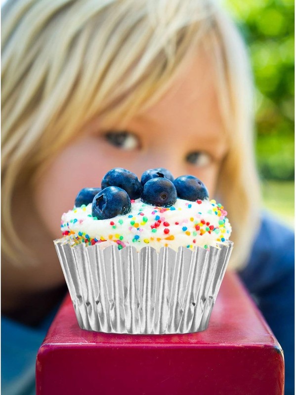 400 Pieces Mini Foil Cupcake Liners, Metallic Baking Cups, Disposable, Silver, gallery