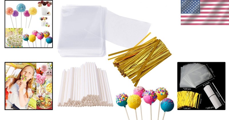 Complete 300 Pcs Set: 6.3-inch Cake Sticks, High-Transparency Bags & Twist Ties gallery