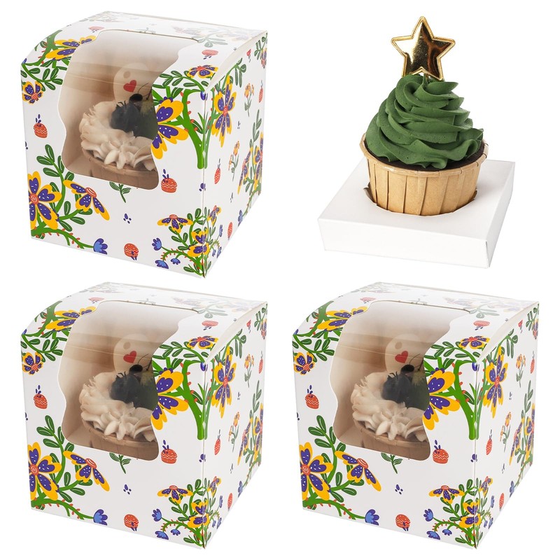 100 PCS PreAssembled Food Grade Cupcake Boxes Window Inserts 3.5×3.5×3.5 In