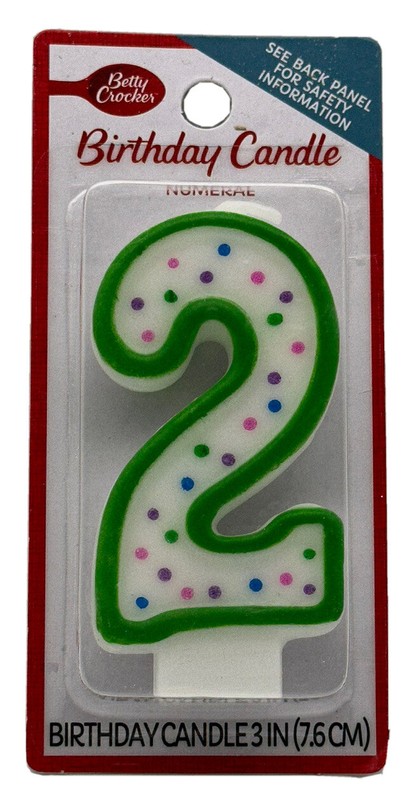 Betty Crocker Numeral #2 Birthday Cake Number Candle White with Green 3 inch