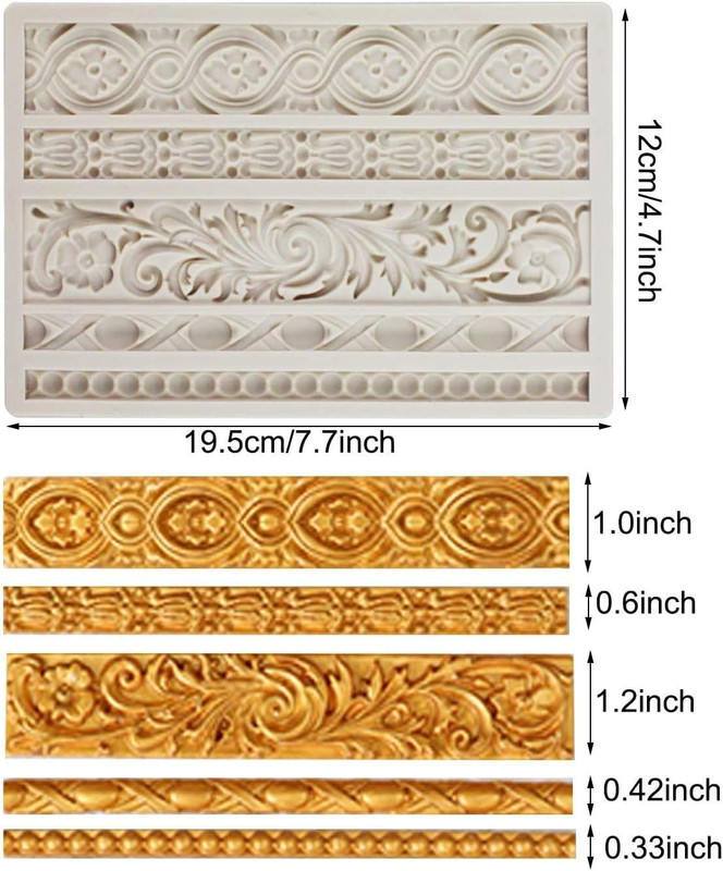 3 Pieces Baroque Fondant Molds Scroll Border Lace Silicone Molds Curlicues Gum P gallery