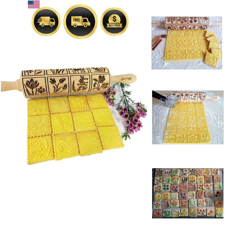 SPRING FLOWERS Embossing Rolling Pin with 16 Different Flowers in Squares. Do...