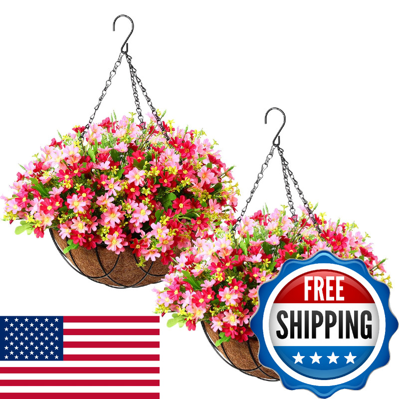 Hotop 2 Pack Artificial Hanging Baskets Flowers For Outdoors Fake Hanging