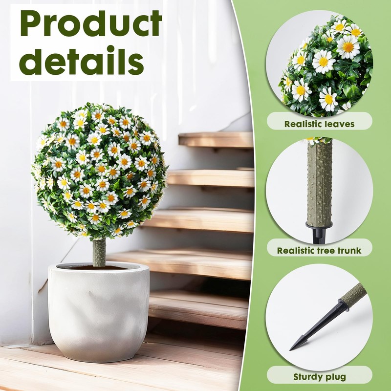 Set of 2 Artificial Topiary Ball Trees with White Mum for Outdoor with Ground Sp gallery