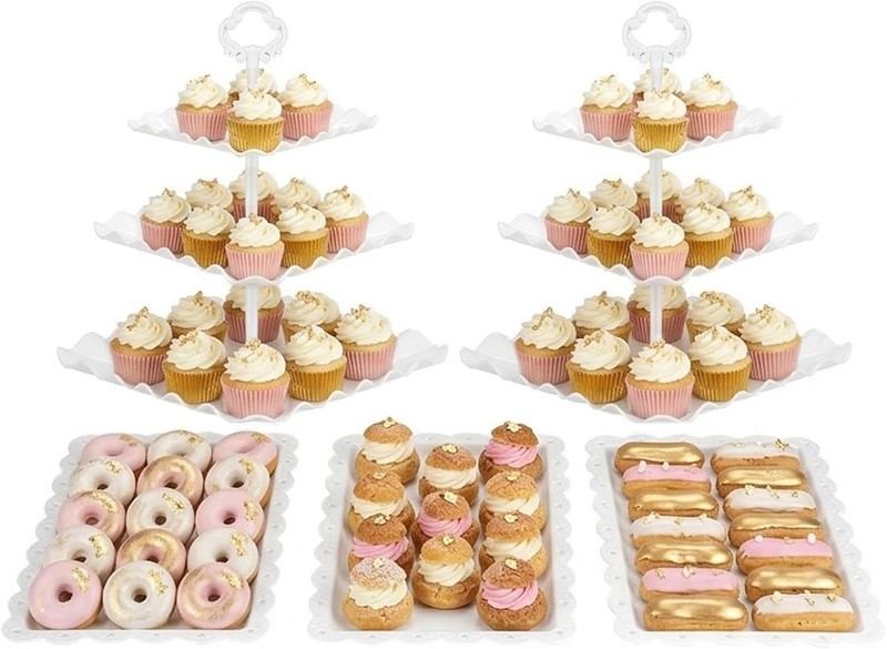 5 Piece Cake Stand Set W/ 2 x Large 3-Tier Cupcake Stands 3 x Appetizer Trays