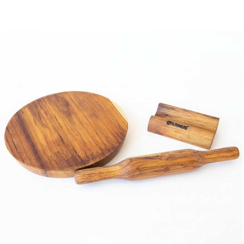 Teak Wood Rolling Board and Pin Set with Holder – Wooden Tortilla Maker