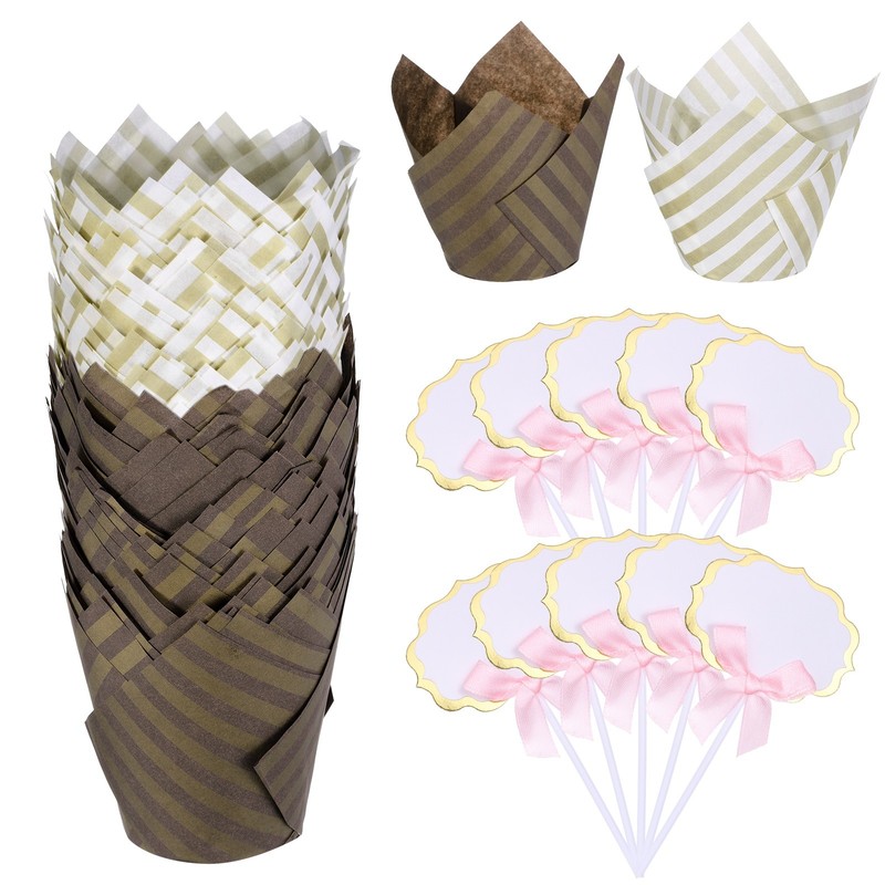 100Pcs Striped Tulip Cupcake Liners with 10Pcs Cheese Markers, White/Brown