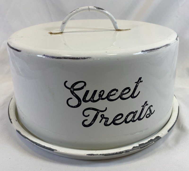 Rustic Farmhouse Style White Cake Cover “Sweet Treats” Enamelware Pastry Cookies