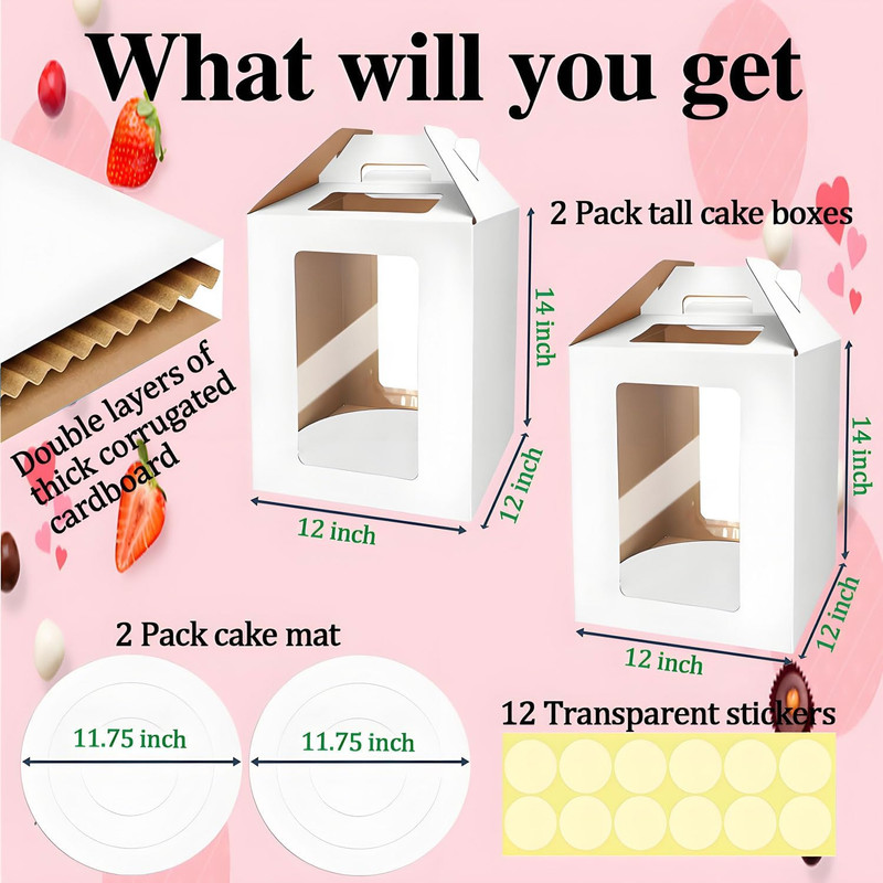 Cake Boxes - 2 Pack Tall Cake Box 12X12X14 Inch Disposable Layer Carrier with Wi gallery