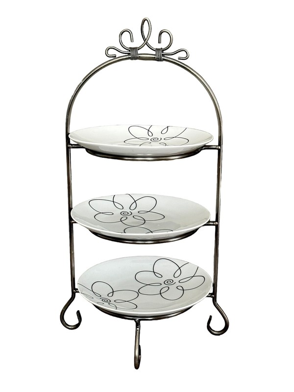 Crate & Barrel Cambridge Satin Nickel 3-Tier Stand With 9” Removable Plates 24H gallery