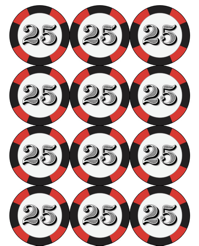 12 Black and red “25” birthday, edible paper, cupcake cookie toppers, pre cut