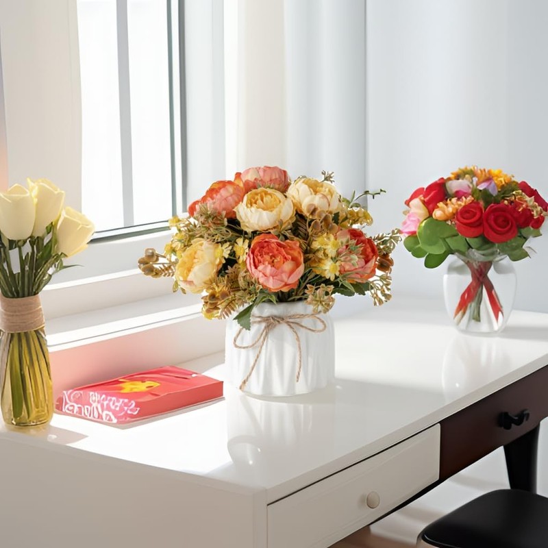 Hbluefat Faux Flowers Vaseartificial Silk Flowers In Ceramic Vasesmall Fake gallery
