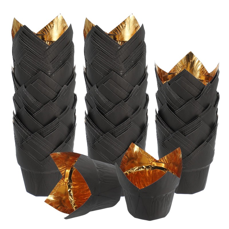 100Pcs Tulip Baking Cups for Liners Aluminum Foil Gold/Black