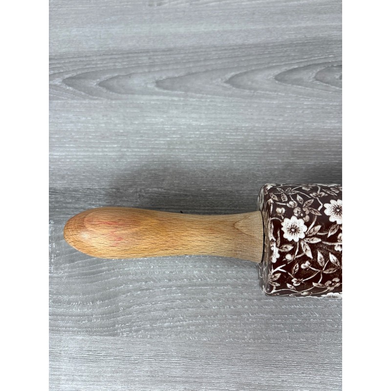 Vintage Brown Transferware Calico Rolling Pin Staffordshire Chintz Floral gallery
