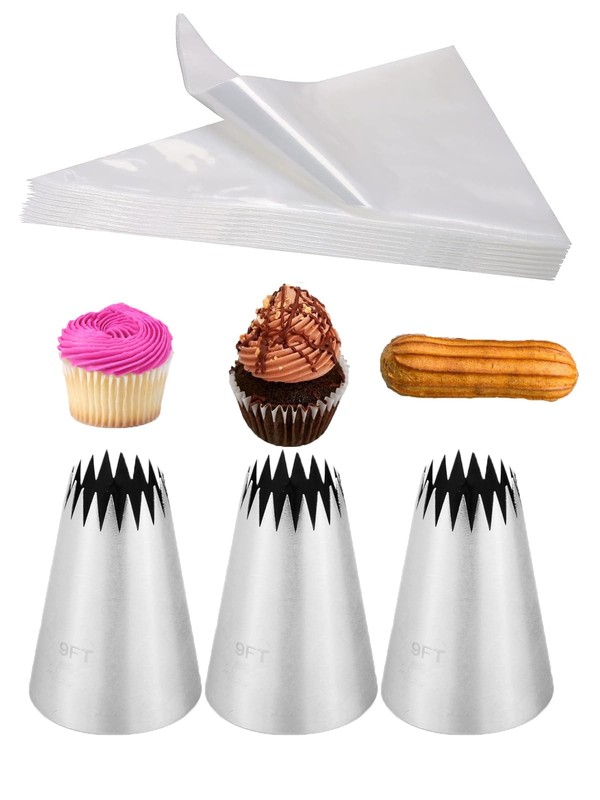 Churro Bags and Tips Set,3 French Star Piping Tips for Eclairs & 20 Disposabl…