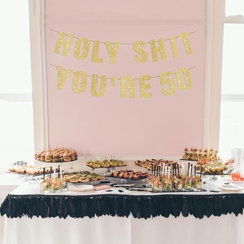 Pre-Strung 50th Party Gold Glitter Banner, Happy 50th Birthday Decorations for gallery