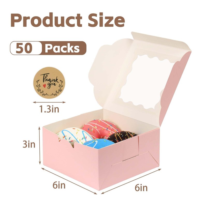 50-Pack 6x6x3 Pink Window Bakery Boxes for Premium Pastry and Dessert Gifts gallery