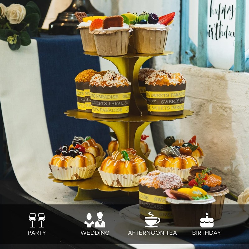 Matte Gold Cupcake Stand, 3-Tier Heart Handle Cardboard Dessert Display Tower gallery