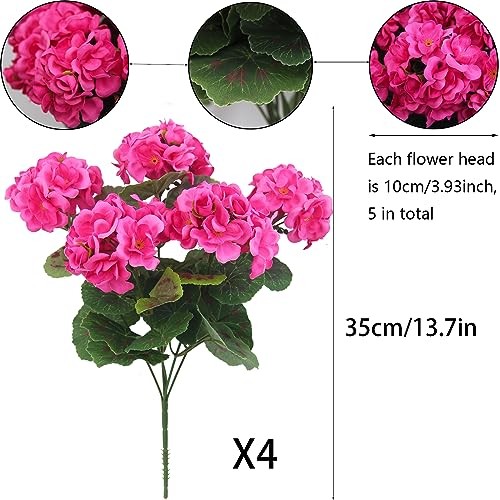 CISDUEO 4 Pcs Artificial Geraniums Silk Flowers Outdoor Artificial Rose Red gallery