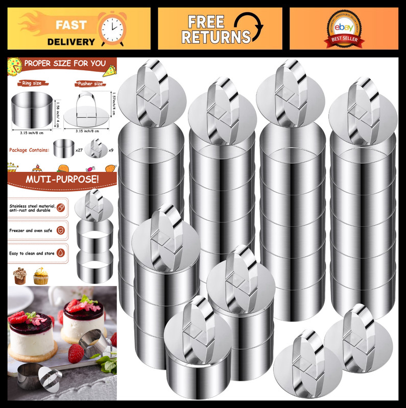 36 Pcs Round Cake Ring Molds 3.15″ Stainless Steel Mousse Food Rings & Pushers