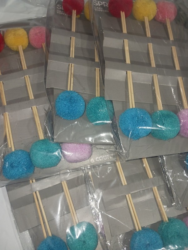 Cake Toppers Sticks. Pom Pom. Cheerleader Pink Green Yellow Blue Purple. 36pcs. 