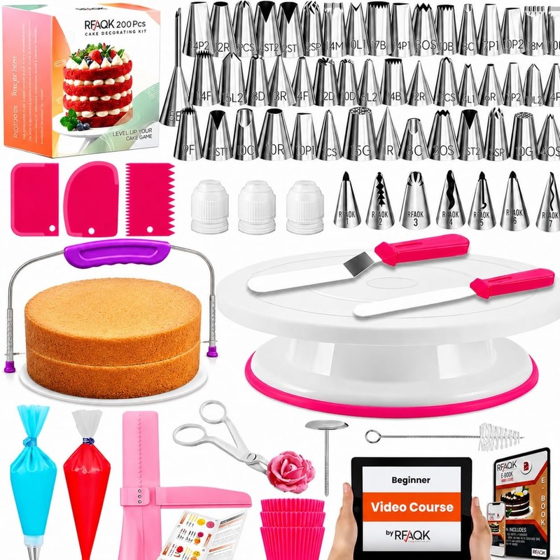 RFAQK 200PCs Cake Decorating Kit with Cake Turntable & Leveler, Baking Suppli…
