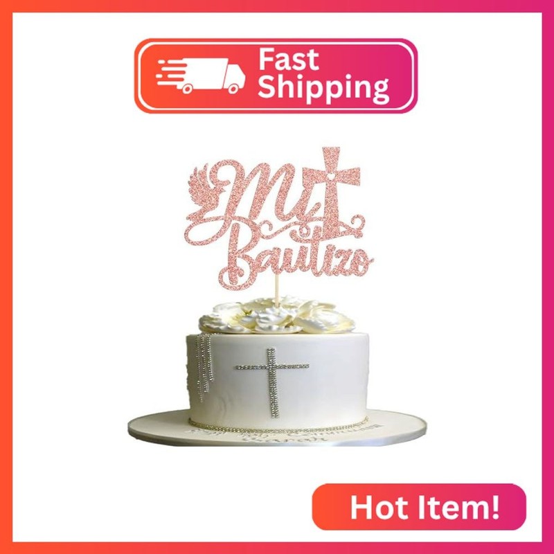 Gyufise 1Pc Rose Gold Mi Bautizo Cake Topper Holy First Communion Cake Toppers B