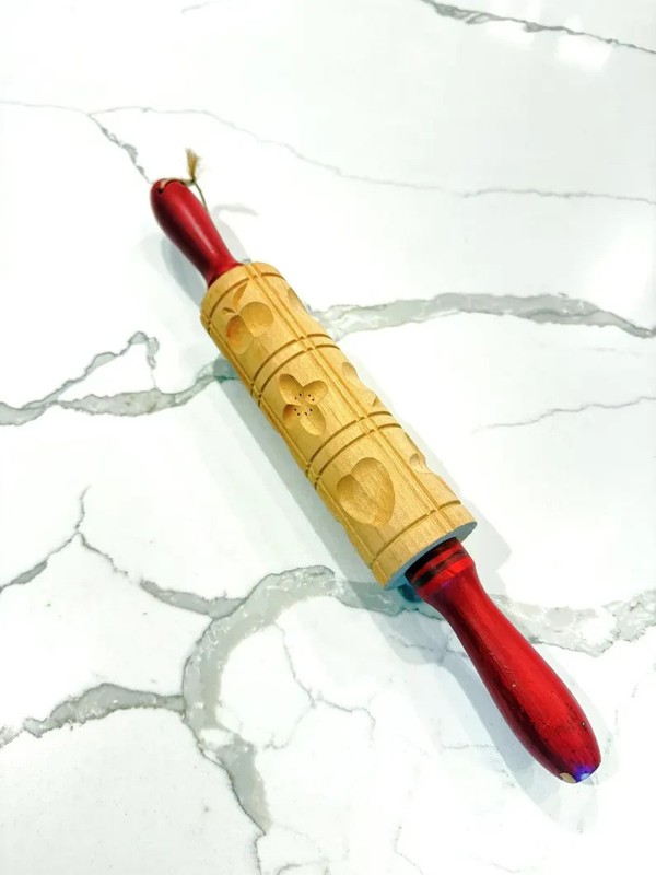 Vintage Springerle Rolling Pin: Embossed Wood Cookie Rolling Pin w/Red Handles gallery