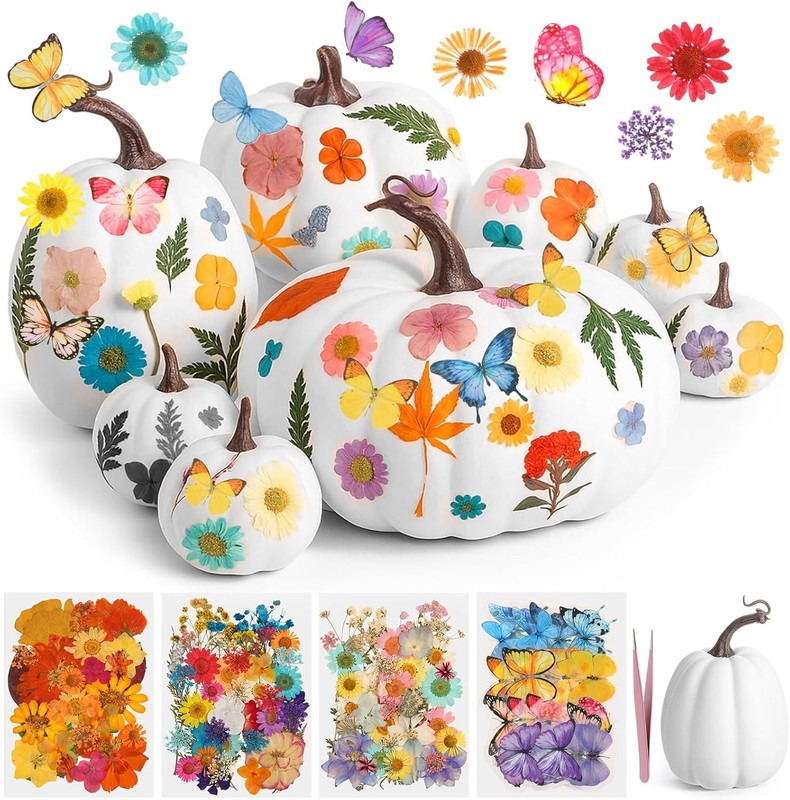 8 Pcs Artificial Pumpkins Fall Decor with 150 Pcs Dried Flower