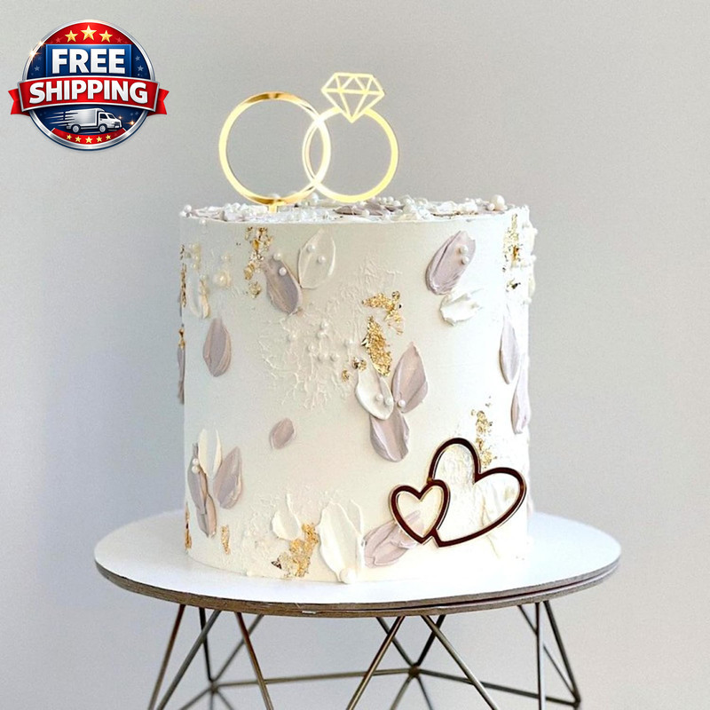 Diamond Ring Cake Toppers, Acrylic Love Heart Cake Toppers for Marriage Engageme