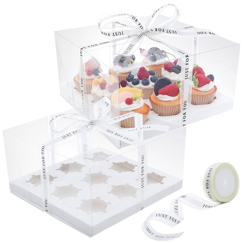 5 Pcs clear cupcake boxes with complimentary gift ribbon, 9 Count cupcake con…